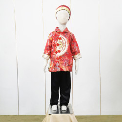 Baju Negara China Cheongsam Red Gold Boy Feather Fan D