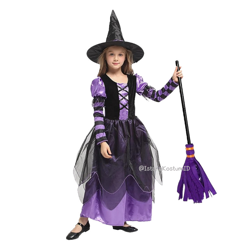 Kostum Penyihir Witch Purple Stripe Black sewa istana kostum baju