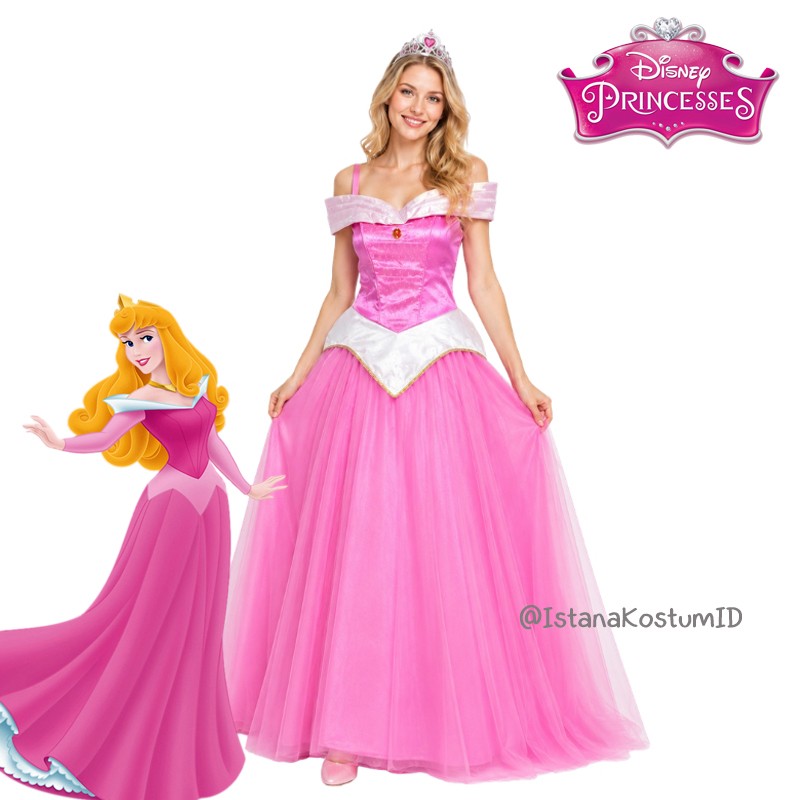 Dress Princess Aurora Pink Gold Ori Disney Resort Wanita Dewasa
