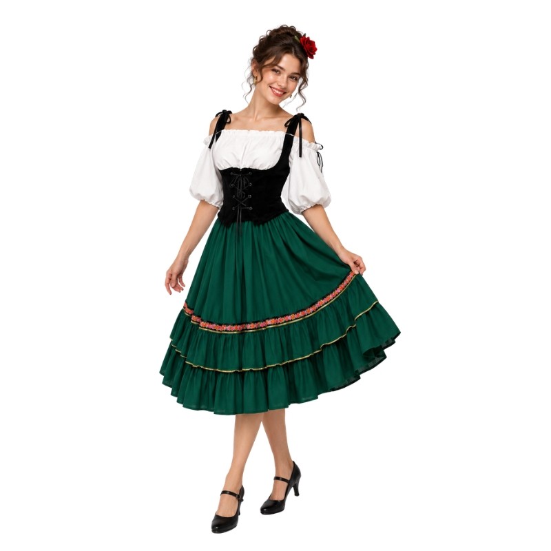 Baju Negara Spanyol White Green Jerman Renaissance Medieval Wanita Dewasa