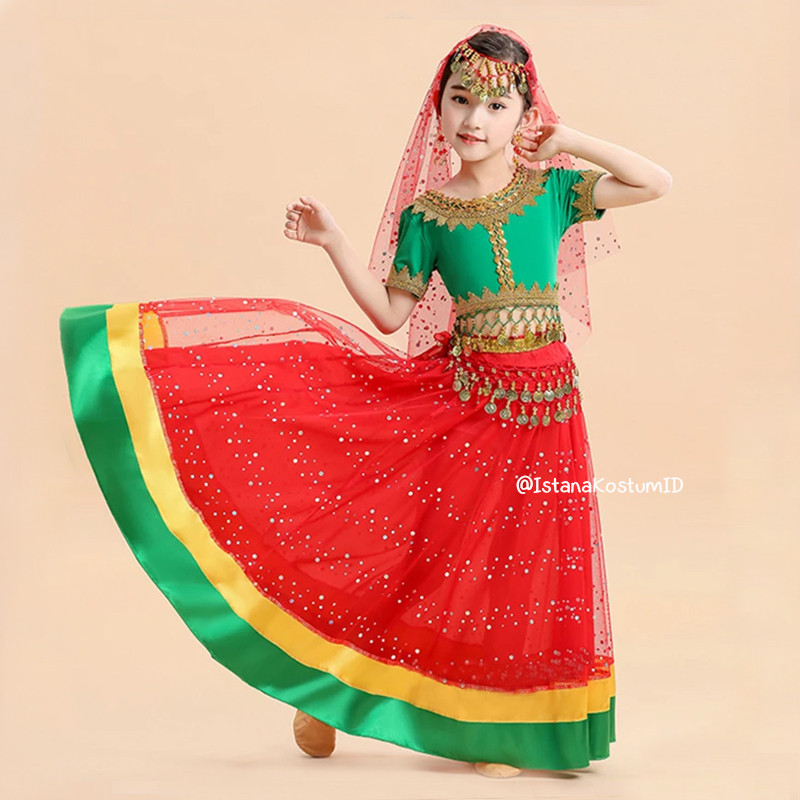 Baju Negara India Belly Dancer Green Red Skirt